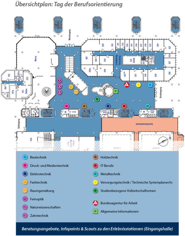 Übersichtsplan zu den Empfangsstationen des Berufsorientierungstags an den BBS II