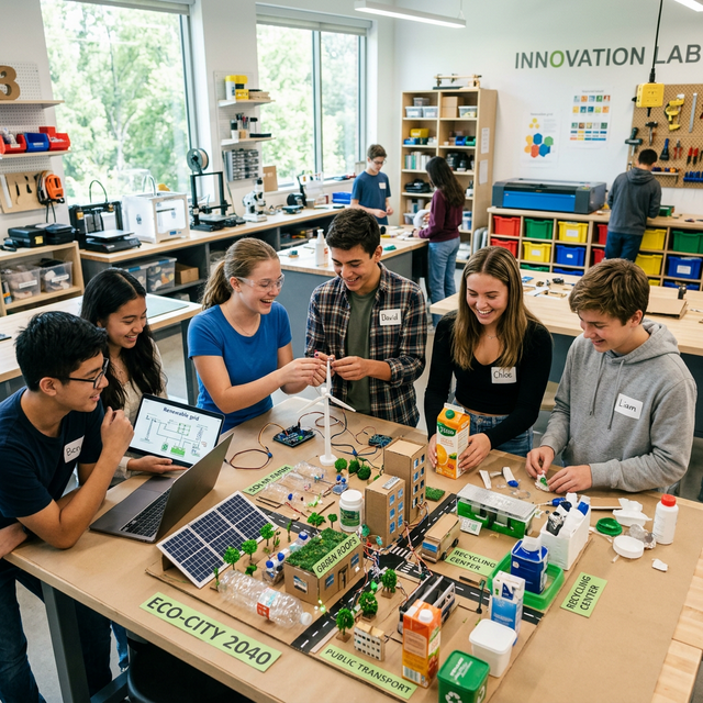 Schüler arbeiten an einem Stadtmodell